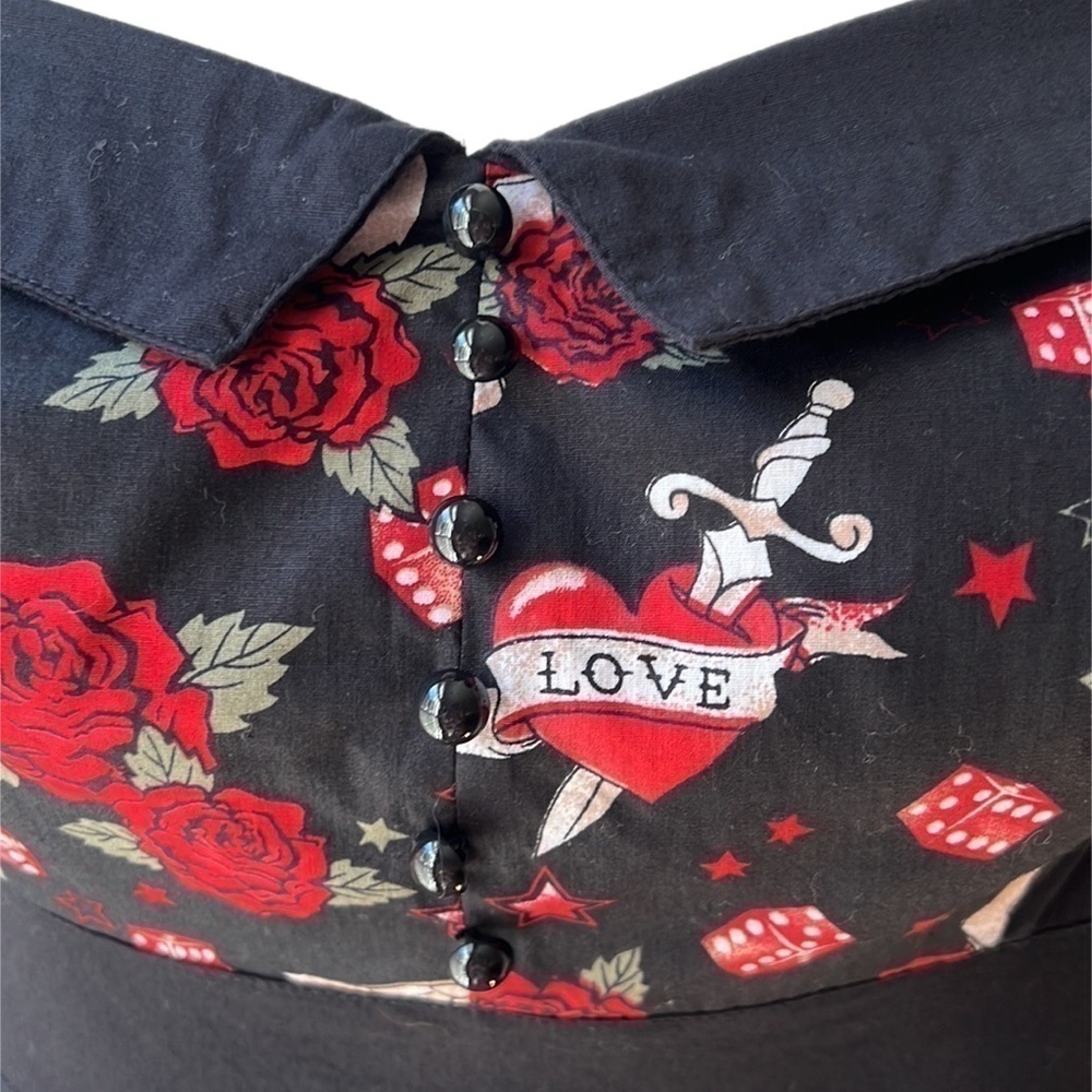 EUC Torrid Retro Chic Love Dice Roses Blk Skull Pin Up Circle Skirt Dress 12 - Picture 3 of 15